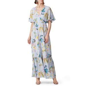 SLATE & WILLOW Blue Floral Dolman Flutter Sleeve V-Neck Loose Fit Maxi Dress M